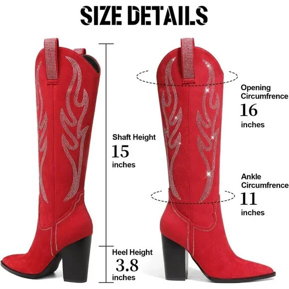 Women Suede Red Rhinestones Embroidered Side Zip Pointed Toe Knee High Boots - Picture 6 of 6